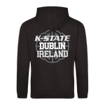 The Click & Collect K-State Black Hoodie Kids by College Football Ireland Store features a hood and bold white K-STATE DUBLIN IRELAND text over a gray globe graphic on the back.