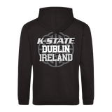 The Click & Collect K-State Black Hoodie Kids by College Football Ireland Store features a hood and bold white K-STATE DUBLIN IRELAND text over a gray globe graphic on the back.