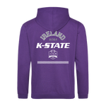 The Click & Collect K-State Purple Hoodie by College Football Ireland Store features IRELAND 2024 and K-STATE in white on the back, a small football graphic, and Aer Lingus College Football Classic Dublin 2024 below.