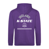 The Click & Collect K-State Purple Hoodie by College Football Ireland Store features IRELAND 2024 and K-STATE in white on the back, a small football graphic, and Aer Lingus College Football Classic Dublin 2024 below.