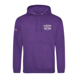 The Click & Collect K-State Purple Hoodie from College Football Ireland Store is purple with a front pocket, K-State Dublin Ireland text on the left chest, and a small flag patch on the right sleeve.