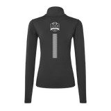 The Click & Collect K-State Charcoal Womens 1/4 zip from College Football Ireland Store features a chic design with long sleeves, charcoal color, and a stylish white badge near the neck on the back.