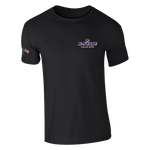 The Click & Collect K-State Black T-shirt from College Football Ireland Store features a small K-State logo and Wildcat symbol on the left chest, two colorful flags on the right sleeve, and a classic crew neckline.