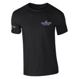 The Click & Collect K-State Black T-shirt from College Football Ireland Store features a small K-State logo and Wildcat symbol on the left chest, two colorful flags on the right sleeve, and a classic crew neckline.