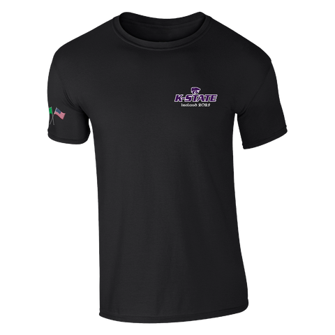 The Click & Collect K-State Black T-shirt from College Football Ireland Store features a small K-State logo and Wildcat symbol on the left chest, two colorful flags on the right sleeve, and a classic crew neckline.