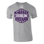 The Click & Collect K-State Grey T-Shirt Kids by College Football Ireland Store features a purple basketball graphic on the back, bold K-STATE DUBLIN IRELAND text, and a small event logo near the neckline.