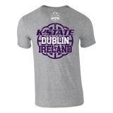 The Click & Collect K-State Grey T-Shirt Kids by College Football Ireland Store features a purple basketball graphic on the back, bold K-STATE DUBLIN IRELAND text, and a small event logo near the neckline.