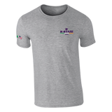 The Click & Collect K-State Grey T-Shirt Kids by College Football Ireland Store is a light gray short-sleeve tee featuring a small purple, rainbow, and white 2023 K-State logo on the left chest and a rainbow flag on the left sleeve.