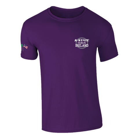 The Click & Collect K-State Purple T-shirt from College Football Ireland Store features K-State Dublin, Ireland on the left chest and a small American flag on the left sleeve.