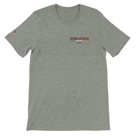 The College Football Ireland Store’s Home Delivery 2025 Iowa State Heather Grey T-Shirt features IOWA STATE 2025 in red on the left chest, a small American flag patch on the sleeve, and eco-friendly DTG printing.