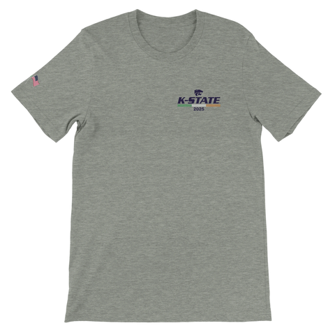 The College Football Ireland Store’s Home Delivery 2025 K-State Heather Grey T-Shirt offers a unisex tailored fit, soft feel, “K-State 2025” logo with wildcat graphic on the chest, and an American flag patch on the sleeve.
