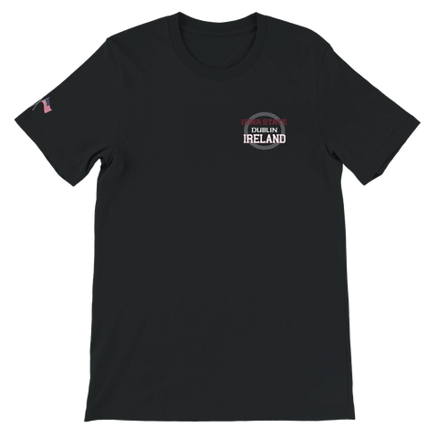 The Home Delivery 2025 Iowa State Black T-Shirt by College Football Ireland Store features a small left-chest graphic and circular design above it, offers a soft feel, unisex tailored fit, and has a detail on the left sleeve.